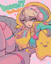  absurdres animification apex_legends blue_eyes blue_jacket bodysuit breasts female highres hood hooded_jacket jacket kabiyapyo kawaii_voltage_wattson large_breasts lightning_bolt_symbol open_mouth pink_bodysuit pink_headwear scar scar_on_cheek scar_on_face sitting solo star_(symbol) sweater twitter_username wattson_(apex_legends) yellow_sweater 