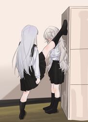  2girls alternate_costume arknights black_hair black_sailor_collar black_skirt black_socks blush chinese_commentary commentary_request covered_face foot_kabedon full_body grey_hair highres kabedon kneehighs leg_up locker locker_foot_kabedon_(meme) long_hair long_sleeves mei_qi_xielou meme multiple_girls sailor_collar school_uniform shirt skadi_(arknights) skirt socks specter_(arknights) split standing standing_on_one_leg standing_split white_shirt yuri 