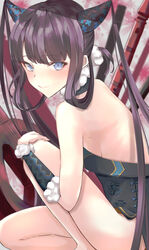  absurdres backless_dress backless_outfit bare_shoulders black_dress blue_eyes blunt_bangs blush breasts china_dress chinese_clothes closed_mouth detached_sleeves dress fate/grand_order fate_(series) female flute hair_ornament highres instrument ka1se1 kneeling long_hair looking_at_viewer medium_breasts pipa_(instrument) purple_hair sidelocks smile solo thighs twintails very_long_hair yang_guifei_(fate) yang_guifei_(second_ascension)_(fate) 