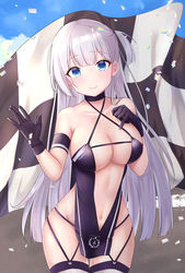  absurdres alternate_costume armband azur_lane bare_shoulders black_gloves blue_eyes blue_sky breasts checkered_flag cleavage cloud collarbone commentary_request confetti cowboy_shot criss-cross_halter day duplicate female flag gloves halterneck hand_on_own_chest highres jyu-so large_breasts logo long_hair looking_at_viewer mole mole_under_eye navel official_alternate_costume one_side_up petals pixel-perfect_duplicate race_queen revealing_clothes shoukaku_(azur_lane) shoukaku_(sororal_wings)_(azur_lane) sky smile solo thighhighs waving white_hair white_thighhighs 