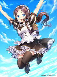  apron arms_up artist_name backpack bad_id bad_pixiv_id bag black_footwear black_skirt black_thighhighs blue_eyes blue_sky blush bow bowtie brown_hair cloud commentary_request day fate/grand_order fate_(series) female frilled_skirt frills glint inline_skates jumping lens_flare leonardo_da_vinci_(fate) leonardo_da_vinci_(rider)_(fate) leonardo_da_vinci_(rider)_(second_ascension)_(fate) lolicon looking_at_viewer maid maid_headdress midair outdoors parted_bangs partial_commentary petticoat puffy_short_sleeves puffy_sleeves randoseru roller_skates round_teeth short_sleeves skates skirt sky solo teeth thighhighs upper_teeth_only white_apron white_bow white_bowtie yamigo 