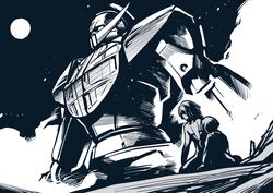  1boy commentary_request dust_cloud female full_moon greyscale gundam hairband highres ishiyumi loran_cehack mecha monochrome moon night nude robot sochie_heim turn_a_gundam turn_a_gundam_(mobile_suit) 