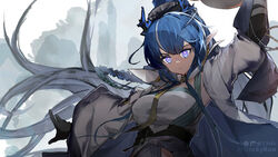  arknights arm_up artist_name black_gloves blue_cape blue_eyes blue_hair braid breasts bright_pupils cape closed_mouth dragon_horns elbow_gloves female gloves high_ponytail highres horns large_breasts ling_(arknights) long_hair long_sleeves looking_at_viewer necktie rockyroo side_braid solo underbust upper_body very_long_hair wide_sleeves yellow_necktie 