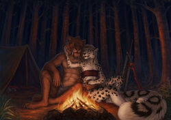  2020 4_toes 5_fingers abs anthro bandeau black_spots blue_eyes clothed clothing detailed_background deyvarah digital_media_(artwork) extinct feet felid female fingers forest fur grass grey_body grey_fur male mammal markings night outside pantherine plant prehistoric_species saber-toothed_tiger snow_leopard spots spotted_body spotted_fur toes topwear tree 