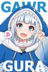  a_(phrase) blue_eyes blue_hair blue_hoodie blunt_bangs character_name commentary female gawr_gura gawr_gura_(1st_costume) highres hololive hololive_english hood hoodie md5_mismatch mika_pikazo_(style) multicolored_hair open_mouth sharp_teeth sidelocks smile solo streaked_hair teeth upper_teeth_only v v_over_eye virtual_youtuber white_hair yuiwata_k 