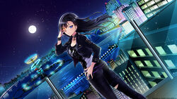  black_hair black_jacket black_pants black_shirt blue_eyes breasts chuunibyou denim dolphin_wave dutch_angle feet_out_of_frame female from_behind full_moon game_cg glowing glowing_eye hand_over_eye heterochromia highres jacket jeans kurose_minami large_breasts leather leather_jacket long_hair looking_at_viewer marvelous moon night official_art pants shirt solo torn_clothes torn_jeans torn_pants 