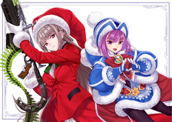  2girls ammunition_belt blue_dress blue_gloves bow braid commentary_request dress fate/grand_order fate/grand_order_arcade fate_(series) florence_nightingale_(fate) florence_nightingale_(santa)_(fate) gloves gun hat helena_blavatsky_(christmas)_(fate) helena_blavatsky_(fate) long_hair machine_gun matsuryuu multiple_girls pantyhose pink_hair pom_pom_(clothes) purple_eyes purple_hair red_dress red_eyes santa_hat syringe syringe_gun trigger_discipline weapon white_gloves 