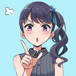  black_hair blue_background commentary_request emu_1316 female flower fukumaru_koito grey_shirt hair_flower hair_ornament hair_ribbon idolmaster idolmaster_shiny_colors long_hair looking_at_viewer open_mouth pointing purple_eyes ribbon shirt side_ponytail simple_background sleeveless sleeveless_shirt solo upper_body 