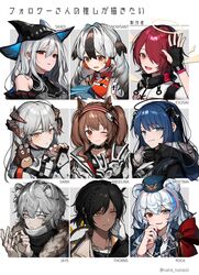  2boys 6+girls :d ;) angelina_(arknights) animal_ear_fluff animal_ears arknights bad_id bad_twitter_id bare_shoulders bear_ears bird black_gloves black_hair black_headwear blue_eyes blue_hair braid brown_eyes character_name commentary dark_skin demon_horns double_v dragon_horns eojjeodagaileohgedwaessji exusiai_(arknights) fingerless_gloves fox_ears fur-trimmed_hood fur_trim gloves hair_between_eyes hair_over_one_eye hairband halo hand_up hat heterochromia highres hood horns jaye_(arknights) jpeg_artifacts korean_commentary long_hair looking_at_viewer mask mostima_(arknights) mouth_mask multicolored_hair multiple_boys multiple_girls nail_polish one_eye_closed open_mouth orange_nails owl parted_lips red_eyes red_hair red_hairband rosa_(arknights) saria_(arknights) short_hair single_braid skadi_(arknights) smile snowsant_(arknights) streaked_hair thorns_(arknights) translated twintails twitter_username two-tone_hair upper_body v waving white_gloves white_hair 