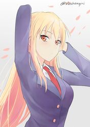  arms_behind_head arms_up blonde_hair blue_jacket breasts commentary_request eyelashes female grey_background highres jacket long_hair looking_at_viewer medium_breasts necktie orange_eyes red_necktie reiquant sakura-sou_no_pet_na_kanojo school_uniform shiina_mashiro shirt sidelocks simple_background solo twitter_username upper_body white_shirt 