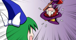  0_0 2girls blue_headwear broom broom_riding cape chibi commentary_request dress emphasis_lines flying_sweatdrops gradient_background green_hair hat kirisame_marisa kirisame_marisa_(pc-98) mima_(touhou) motion_lines multiple_girls open_mouth pointy_ears purple_background purple_cape purple_dress purple_headwear rakugaki-biyori red_hair short_hair story_of_eastern_wonderland touhou touhou_(pc-98) upper_body upside-down white_background witch_hat wizard_hat 