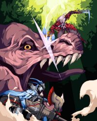  2boys anjanath armor battle dual_wielding glowing glowing_eye helmet holding holding_weapon legiana_(armor) lowres male_focus monster monster_hunter:_world monster_hunter_(character) monster_hunter_(series) multiple_boys odogaron_(armor) pixel_art sharp_teeth smoke teeth tongue warabin_(suteki_denpun) weapon 