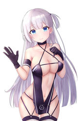  absurdres alternate_costume armband azur_lane bare_shoulders black_gloves blue_eyes breasts cleavage cloud collarbone commentary_request confetti cowboy_shot criss-cross_halter female flag gloves halterneck hand_on_own_chest highres jyu-so large_breasts logo long_hair looking_at_viewer mole mole_under_eye navel official_alternate_costume one_side_up petals race_queen revealing_clothes shoukaku_(azur_lane) shoukaku_(sororal_wings)_(azur_lane) simple_background sky smile solo thighhighs waving white_background white_hair white_thighhighs 