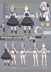  absurdres assault_rifle azusa_(blue_archive) bandeau bare_legs bare_shoulders barefoot bikini bikini_skirt black_bra black_dress black_panties black_socks blue_archive blush bra breasts character_name closed_mouth commentary cropped_jacket dress english_commentary english_text female flower frilled_bikini frills frown grey_hair gun hair_flower hair_ornament halo height highres jacket long_hair long_sleeves looking_at_viewer m4_carbine multiple_views navel necktie panties pink_eyes reference_sheet rifle ruler sandals shoes sleeveless sleeveless_dress small_breasts smile socks swimsuit turnaround twitter_username underwear weapon white_footwear white_jacket wings xandier59 yellow_necktie 