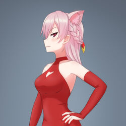  alternate_costume animal_ear_fluff animal_ears artist_name bare_shoulders braid breasts cat_ears cleavage cleavage_cutout closed_mouth clothing_cutout detached_sleeves dress facing_to_the_side female french_braid gloves grey_background hair_ornament_request halter_dress halterneck hand_on_own_hip long_sleeves looking_at_viewer medium_breasts mitsurugi_lia partially_fingerless_gloves pink_eyes pink_hair profile red_dress red_footwear red_nails red_sleeves shadow side_braid signature solo standing virtual_youtuber wactor_production zero_(73ro) 