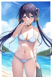  ass_visible_through_thighs bare_arms bare_shoulders beach bikini black_choker black_flower black_hair blue_bikini blue_eyes breasts choker cleavage covering_own_mouth cowboy_shot day female flower flower_knight_girl hair_flower hair_ornament highres kamchatka_lily kuroyuri_(flower_knight_girl) lily_(flower) long_hair looking_at_viewer medium_breasts name_connection navel neco_meito object_namesake outdoors solo standing stomach string_bikini swimsuit thighs twintails v-shaped_eyebrows 