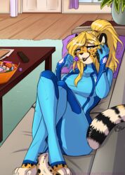  amber_eyes anthro blonde_hair candy cheetah clothing cosplay costume dessert digital_media_(artwork) electronics felid feline female food fur hair halloween holidays long_hair mammal metroid mihari nintendo orange_body orange_fur paws phone rika_(artist) samus_aran shaded solo spots tail zero_suit 