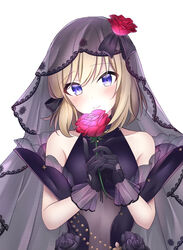  absurdres azur_lane bare_shoulders black_dress black_gloves blue_eyes blush bridal_veil commentary_request dress female flower gloves highres holding jyu-so light_brown_hair looking_at_viewer official_alternate_costume rose short_hair simple_background sleeveless smile solo turtleneck turtleneck_dress veil wedding_dress white_background z23_(azur_lane) z23_(schwarze_hochzeit)_(azur_lane) 