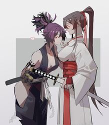  2girls bare_shoulders blush breasts breasts_apart brown_eyes brown_hair die_(die0118) hair_ribbon hakama hakama_skirt heart highres japanese_clothes jigokuraku long_hair medium_breasts multiple_girls ninja no_bra no_panties ponytail purple_hair red_eyes red_ribbon ribbon samurai simple_background skirt smile sword weapon yamada_asaemon_sagiri yuri yuzuriha_(jigokuraku) 