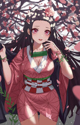  :d absurdres bamboo bit_gag black_hair blurry blurry_background blush branch breasts checkered_sash chinese_commentary cleavage commentary depth_of_field female flower forehead gag gag_around_neck hair_flower hair_ornament hairclip highres japanese_clothes kamado_nezuko kimetsu_no_yaiba kimono long_hair looking_at_viewer maoii medium_breasts obi open_clothes open_mouth parted_bangs pink_kimono red_eyes red_flower sash short_sleeves smile solo teeth unworn_gag upper_teeth_only very_long_hair wide_sleeves 