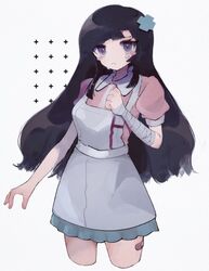  apron bandaged_hand bandages black_hair blue_eyes blush_stickers breasts clenched_hand cowboy_shot cropped_legs cross_hair_ornament danganronpa_(series) danganronpa_2:_goodbye_despair female green_skirt grey_apron hair_ornament highres kara_aren long_hair looking_at_viewer medium_breasts mole mole_under_eye pink_shirt puffy_short_sleeves puffy_sleeves shirt short_sleeves skirt solo tears tsumiki_mikan 