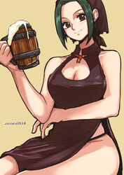  alternate_costume aosora2823 arm_under_breasts artist_name beer_mug black_dress black_panties blush breasts brown_eyes china_dress chinese_clothes cleavage cleavage_cutout closed_mouth clothing_cutout commentary cup dress eyelashes feet_out_of_frame female green_hair head_scarf highres holding holding_cup large_breasts looking_at_viewer makino_(one_piece) mug one_piece panties panty_straps parted_bangs short_hair side_slit simple_background sitting sleeveless sleeveless_dress smile solo underwear yellow_background 