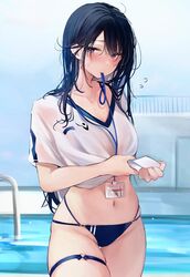  bad_id bad_twitter_id bikini bikini_under_clothes black_hair cowboy_shot female highres id_card long_hair looking_at_viewer mouth_hold multi-strapped_bikini navel nekomugiharu no_pants original pool purple_eyes satou_mei see-through shirt short_sleeves skindentation solo standing stomach string_bikini sweatdrop swimsuit thigh_gap thigh_strap thighs translated v-neck white_shirt wringing_clothes 