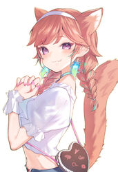  :3 absurdres animal_ears bag blue_choker blush braid cat_ears cat_tail choker closed_mouth commentary earrings female from_side hairband heart highres hololive hololive_english jewelry kanae_(inorin05kanae) long_hair looking_at_viewer midriff multicolored_hair nail_polish navel oerba_yun_fang orange_hair pink_nails puffy_short_sleeves puffy_sleeves purple_eyes shirt short_sleeves shoulder_bag simple_background smile solo stomach tail takanashi_kiara takanashi_kiara_(casual) twin_braids upper_body virtual_youtuber white_background 