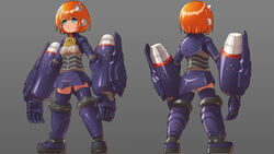  android armored_boots big_o_(mecha) blue_eyes boots breasts bright_pupils commentary female looking_up mecha_musume mechanical_skirt multiple_views open_hands orange_hair personification rabo robot_ears short_hair small_breasts the_big_o thigh_boots thighhighs white_pupils 