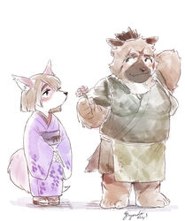  anthro asian_clothing blush brown_body brown_fur brown_hair canid canine canis clothed clothing digital_media_(artwork) digital_painting_(artwork) domestic_dog duo east_asian_clothing embarrassed full-length_portrait fully_clothed fur fuyoudo624 hair hi_res japanese_clothing lifewonders lolicon male male/male mammal offering_flower pink_body pink_fur portrait scar slightly_chubby tanetomo_(tas) tokyo_afterschool_summoners yasuyori_(tas) young 