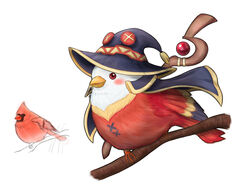  animalization beak bird blush branch cape capelet cardinal_(animal) feathers female hat highres kono_subarashii_sekai_ni_shukufuku_wo! megumin northern_cardinal ran052 red_eyes red_feathers simple_background white_background white_feathers 