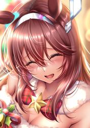  animal_ears bare_shoulders bell belt blurry blurry_background blush bow breasts brown_hair christmas cleavage close-up closed_eyes facing_viewer female grey_hairband hair_between_eyes hairband horse_ears horse_girl large_breasts long_hair mihono_bourbon_(umamusume) nose_blush open_mouth rairaisuruyo red_bow santa_costume smile solo umamusume 