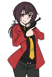  &gt;:) arsene_lupin_iii arsene_lupin_iii_(cosplay) belt belt_buckle black_belt black_shirt brown_hair buckle closed_mouth commentary cosplay cowboy_shot female girls&#039;_frontline grey_pants gun hair_ribbon handgun highres holding holding_gun holding_weapon jacket korean_commentary long_hair looking_at_viewer lupin_iii ndtwofives necktie open_clothes open_jacket p38_(girls&#039;_frontline) pants purple_eyes red_jacket ribbon shirt simple_background smile solo standing tie_clip v-shaped_eyebrows walther walther_p38 weapon white_background white_ribbon yellow_necktie 