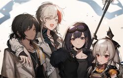  2boys 2girls :d andreana_(arknights) arknights bad_id bad_twitter_id black_gloves black_hair black_jacket black_shirt blue_eyes blush breasts coat collarbone dark-skinned_male dark_skin detached_sleeves dress earrings elysium_(arknights) eojjeodagaileohgedwaessji expressionless feather_hair fingerless_gloves fur-trimmed_jacket fur_trim gloves goggles goggles_on_head grey_dress grey_hair hair_ornament hairband hand_up jacket jewelry korean_commentary long_hair long_sleeves looking_at_viewer multicolored_hair multiple_boys multiple_girls multiple_piercings necklace open_clothes open_coat open_jacket open_mouth orange_eyes purple_hair red_eyes red_hair ribbon shirt short_hair smile staff streaked_hair thorns_(arknights) upper_body very_long_hair weedy_(arknights) white_coat 