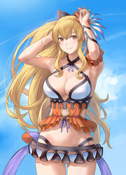  armpits arms_up black_bow blonde_hair blue_sky bow breasts cleavage cloud cloudy_sky commentary_request cowboy_shot female granblue_fantasy hairbow highres large_breasts long_hair nhaliz official_alternate_costume orange_eyes ponytail shadow sidelocks sky solo swimsuit very_long_hair vira_(granblue_fantasy) vira_(summer)_(granblue_fantasy) 