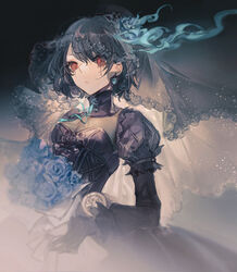  absurdres alice_(sinoalice) black_dress black_gloves bouquet choker closed_mouth commentary corset dress earrings expressionless facepaint female flower gloves gothic_lolita highres holding holding_flower jewelry lolita_fashion looking_at_viewer puffy_short_sleeves puffy_sleeves red_eyes rose senryoko short_sleeves sinoalice solo veil 