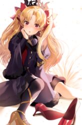  :o arm_support asymmetrical_legwear between_legs black_dress black_pantyhose blonde_hair blush boba bow commentary dress earrings ereshkigal_(fate) ereshkigal_(third_ascension)_(fate) fate/grand_order fate_(series) female foot_out_of_frame fur-trimmed_sleeves fur_trim gold gold_footwear gold_trim hairbow hand_between_legs hand_on_own_chest hand_on_own_face hand_up high_heels highres jewelry juliet_sleeves layered_sleeves long_hair long_sleeves looking_at_viewer open_mouth pantyhose parted_bangs puffy_sleeves pumps red_bow red_eyes red_footwear single_leg_pantyhose sitting solo tiara two-sided_fabric very_long_hair wariza 