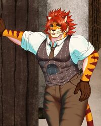  4:5 abs anthro artificalarthur clothing felid fur gloves hair handwear hi_res leaning_on_wall lifewonders male mammal muscular muscular_anthro muscular_male necktie nomad_(tas) pantherine pecs pinstripes red_hair solo striped_body striped_fur stripes tiger tokyo_afterschool_summoners topwear vest 