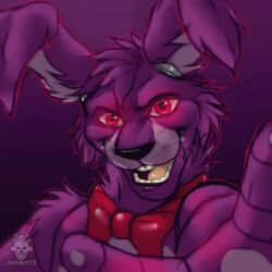  2018 animatronic anthro bonnie_(fnaf) buckteeth cheek_tuft eyebrows facial_tuft fingers five_nights_at_freddy&#039;s freckles fur glowing glowing_eyes hair head_tuft juliart15 lagomorph leporid machine male mammal pawpads purple_body purple_fur purple_hair rabbit red_eyes ribbons robot scottgames signature solo teeth tuft whiskers 