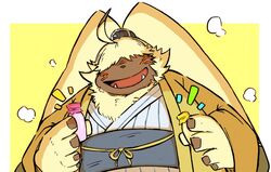  ahoge ambiguous_gender angoramon anthro asian_clothing bandai_namco belt blush clothing digimon digimon_(species) digimon_ghost_game east_asian_clothing fur hair hair_over_eyes japanese_clothing kimono long_ears milk okudami robe simple_background solo yellow_body yellow_fur 