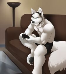  anthro biped black_pawpads blue_eyes canid canine canis clothed clothing controller digital_media_(artwork) electronics fur furniture game_controller headgear headphones headset holding_controller holding_object jailbird kiba_(kibawolfpup) lamp male mammal pawpads sitting sofa solo topless white_body white_fur wolf 