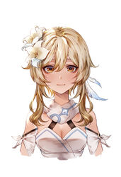  blonde_hair breasts cleavage detached_sleeves dress feather_hair_ornament feathers female flower genshin_impact hair_flower hair_ornament highres kokollet looking_at_viewer lumine_(genshin_impact) medium_breasts orange_eyes scarf short_hair_with_long_locks solo upper_body white_dress white_flower white_scarf 