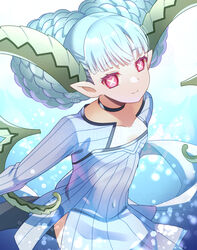  aqua_hair braid breasts choker crown_braid curled_horns dress fate/grand_order fate_(series) female highres horns jewelry larva_tiamat_(fate) larva_tiamat_(first_ascension)_(fate) long_hair long_horns long_sleeves looking_at_viewer pendant pink_eyes pointy_ears ribbed_dress ryofuhiko small_breasts smile solo symbol-shaped_pupils tail tiamat_(fate) white_dress 