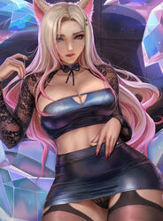  ahri_(league_of_legends) animal_ears artist_logo artist_name bad_id bad_pixiv_id biting_own_lip black_panties blonde_hair blue_eyes breasts choker cleavage collarbone commentary cowboy_shot crystal_tail deviantart_username english_commentary facial_mark female forehead fox_ears gradient_hair k/da_(league_of_legends) kittew lace lace_panties lace_sleeves large_breasts league_of_legends long_hair looking_at_viewer lying midriff multicolored_hair navel on_back panties patreon_username pink_hair skirt solo strapless the_baddest_ahri thighhighs underwear watermark web_address whisker_markings 