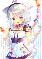  :d ahoge animal_ear_fluff animal_ears apron bandaged_arm bandages bandaid bandaid_hair_ornament barcode barcode_tattoo bell black_dress black_hairband blush bow braid breasts cable cable_tail cleavage collarbone commentary_request crossed_bandaids dress ear_piercing eyes_visible_through_hair female floral_background frilled_apron frills gloves grey_eyes hair_ornament hair_over_one_eye hairband hands_up heterochromia index_finger_raised indie_virtual_youtuber jingle_bell kou_hiyoyo lolo_(vtuber) long_hair looking_at_viewer maid mechanical_tail medium_breasts mole mole_under_eye multicolored_hair open_mouth piercing pink_bow pink_hair purple_eyes ribbon-trimmed_apron ribbon_trim single_braid sleeveless sleeveless_dress smile solo striped striped_background tail tattoo two-tone_hair vertical_stripes very_long_hair virtual_youtuber waist_apron white_apron white_gloves white_hair 