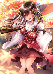  :d autumn autumn_leaves blush breasts brown_hair day eyebrows_hidden_by_hair female flower food hair_between_eyes hair_flower hair_ornament highres holding holding_tray japanese_clothes kimono kimono_skirt large_breasts leaf long_hair long_sleeves looking_at_viewer maple_leaf obi open_mouth original outdoors rairaisuruyo red_eyes sash short_kimono skirt smile solo tray white_kimono wide_sleeves 