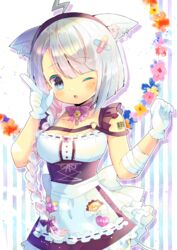  ;o ahoge animal_ear_fluff animal_ears apron bandaged_arm bandages bandaid bandaid_hair_ornament barcode barcode_tattoo bell black_dress black_hairband blush bow braid breasts cable cable_tail cleavage collarbone commentary_request crossed_bandaids dress ear_piercing eyes_visible_through_hair female floral_background frilled_apron frills gloves grey_eyes hair_ornament hair_over_one_eye hairband hands_up index_finger_raised indie_virtual_youtuber jingle_bell kou_hiyoyo lolo_(vtuber) long_hair looking_at_viewer maid mechanical_tail medium_breasts mole mole_under_eye multicolored_hair one_eye_closed parted_lips piercing pink_bow pink_hair ribbon-trimmed_apron ribbon_trim single_braid sleeveless sleeveless_dress solo striped striped_background tail tattoo two-tone_hair vertical_stripes very_long_hair virtual_youtuber waist_apron white_apron white_gloves white_hair 