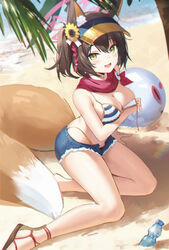  absurdres animal_ear_fluff animal_ears banxuan_c2ka bare_legs beach bikini blue_archive blue_shorts blush bottle breasts brown_hair cleavage day female fox_ears fox_girl fox_tail hair_between_eyes halo highleg highleg_bikini highres izuna_(blue_archive) izuna_(swimsuit)_(blue_archive) looking_at_viewer medium_breasts micro_shorts open_mouth outdoors pink_halo red_scarf revision sandals scarf short_hair shorts smile solo string_bikini striped_bikini striped_clothes swimsuit tail tree visor_cap yellow_eyes 