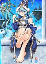  armpit_crease artist_name barefoot belt blue_dress blue_eyes blue_headwear blue_ribbon blurry blurry_background bow breasts brown_belt closed_mouth commentary convenient_leg detached_sleeves dress duel_monster english_commentary eyelashes feet female floating_island foot_focus foreshortening frills gold_trim hair_between_eyes hairbow hand_up holding holding_staff legs lens_flare lewdsaiga long_sleeves medium_breasts nail_polish patreon_logo pixiv_logo pointy_ears ribbon shiny_skin shorts sitting sleeveless smile soles solo staff thigh_strap toenail_polish toenails toes water_enchantress_of_the_temple white_ribbon white_shorts yu-gi-oh! 