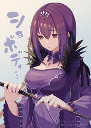  bare_shoulders blush breasts cleavage detached_collar dress fate/grand_order fate_(series) feather_trim female hair_between_eyes jewelry large_breasts long_hair long_sleeves looking_to_the_side pendant purple_dress purple_hair red_eyes scathach_(fate) scathach_skadi_(fate) solo tiara tomo_(damejin) wand 